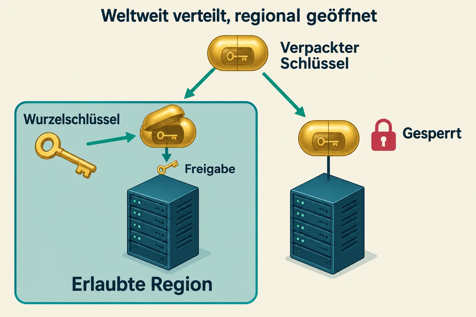 Ein verpackter Schlüssel liegt auf zwei Servern; nur innerhalb der erlaubten Region kann der Wurzelschlüssel ihn öffnen.