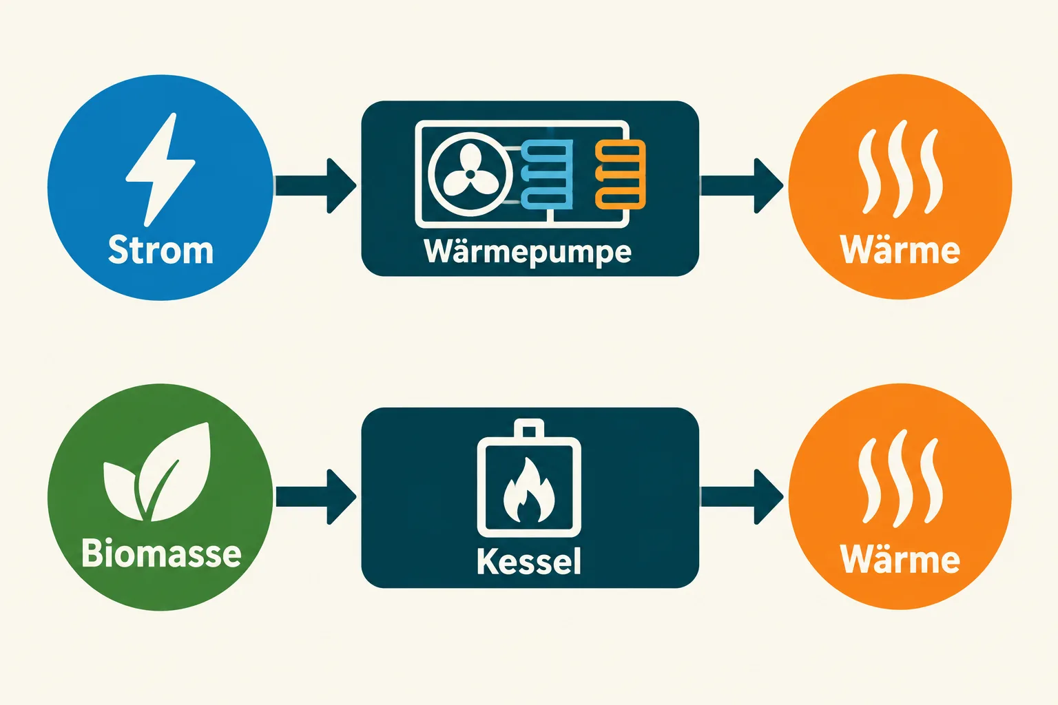 Zwei vereinfachte Wege zur Wärme: Strom über eine Wärmepumpe und Biomasse über einen Kessel.