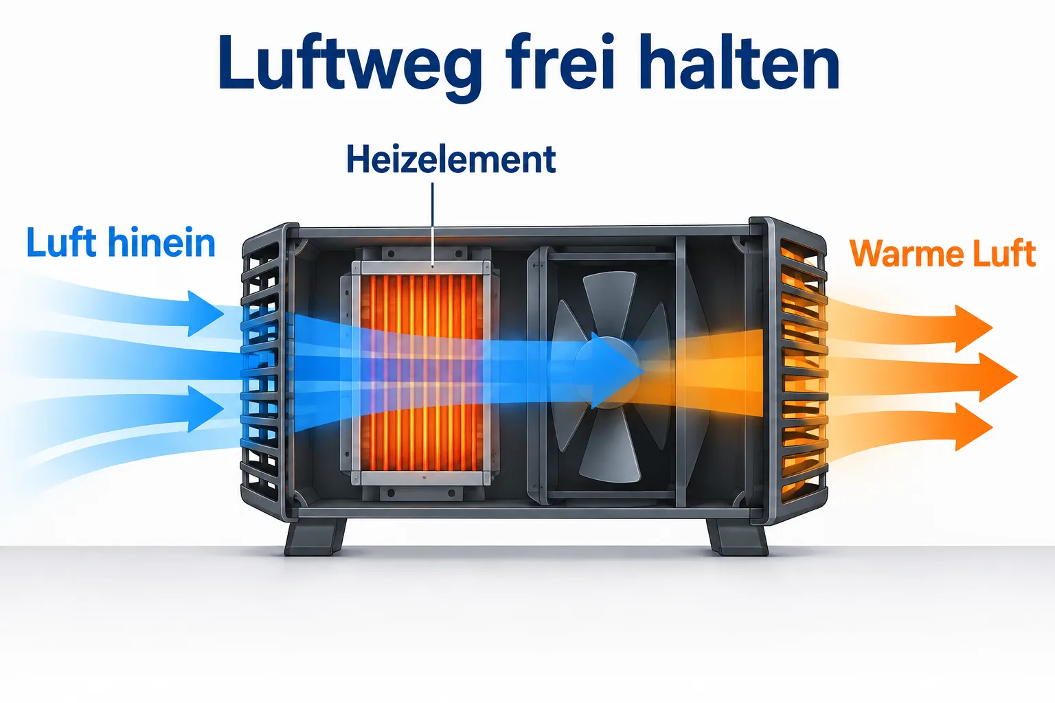 Schematischer Luftweg durch einen Heizlüfter vom Einlass über das Heizelement zum warmen Auslass