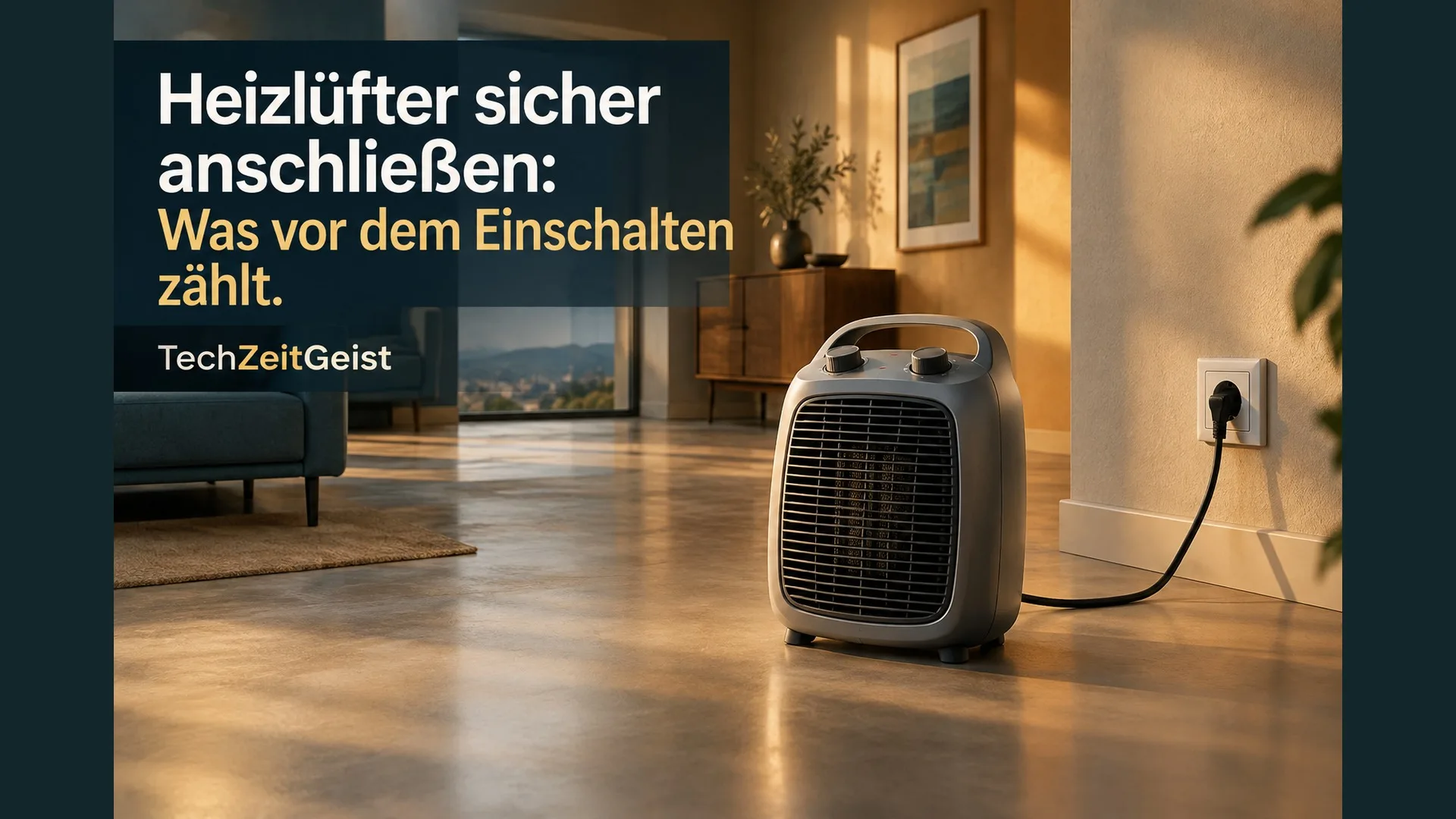 Heizlüfter an einer Wandsteckdose mit der Artikelüberschrift