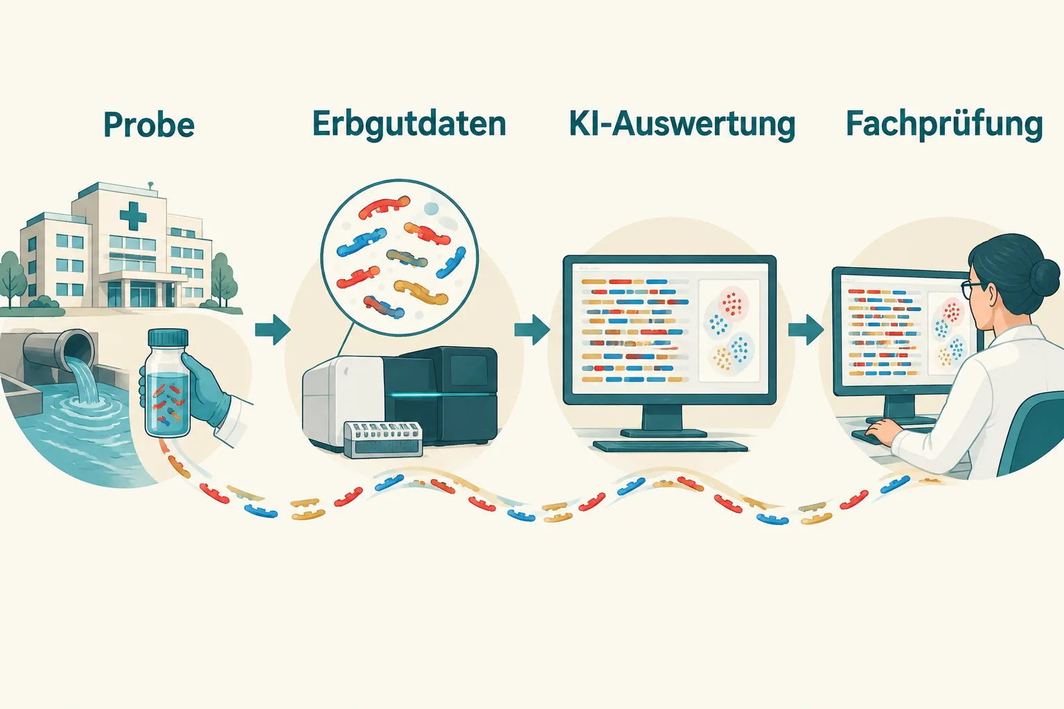 Schematischer Weg von einer Abwasserprobe über Erbgutdaten und KI-Auswertung zur Fachprüfung