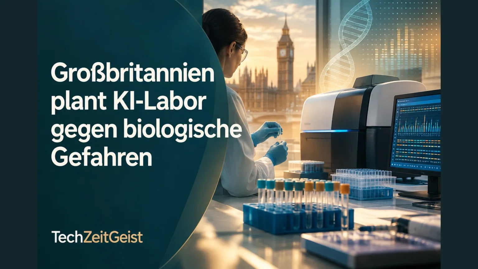 Symbolisches Labor mit Erbgutauswertung und der Überschrift Großbritannien plant KI-Labor gegen biologische Gefahren