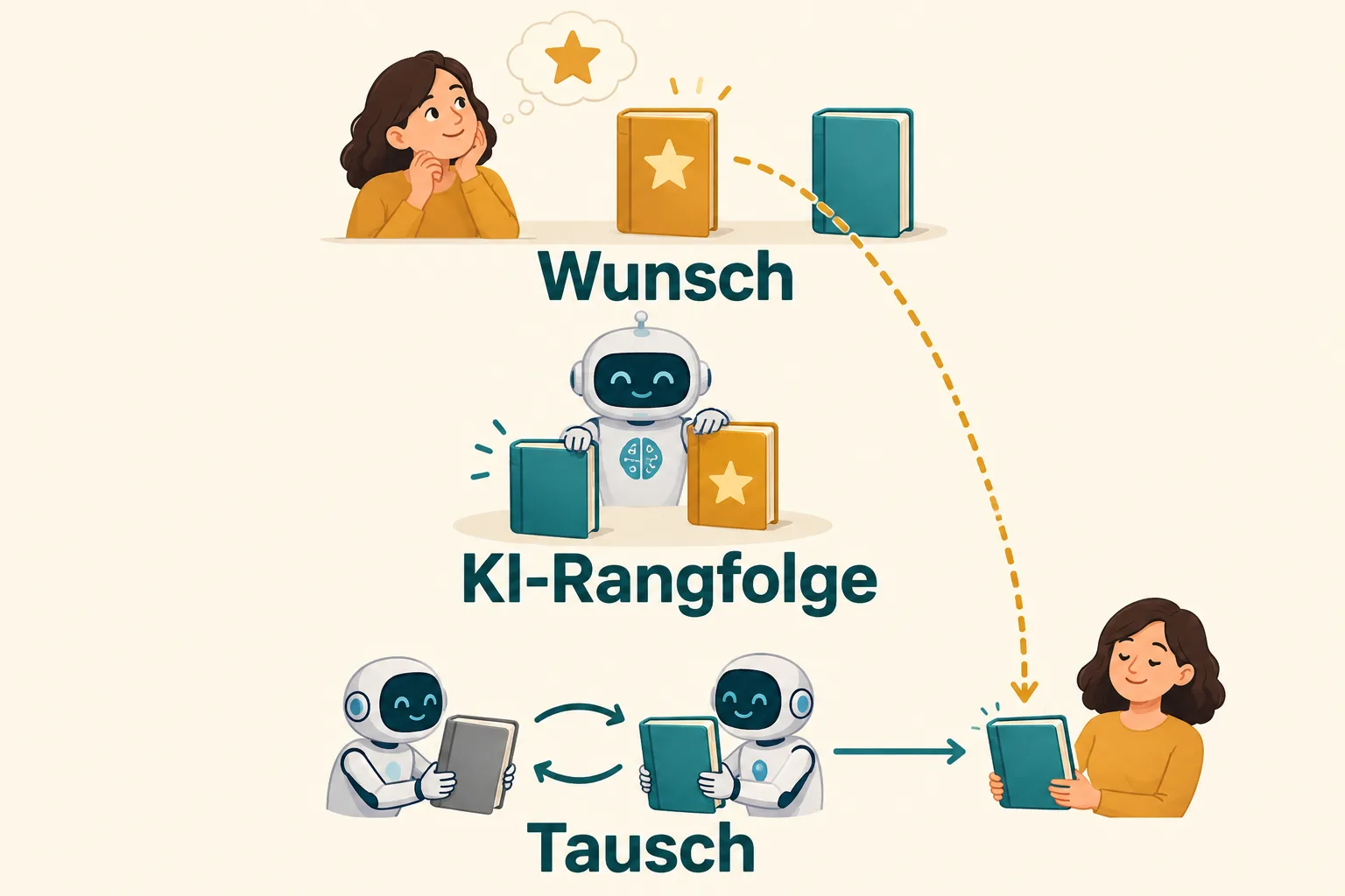 Schematischer Buchtausch: Ein menschlicher Wunsch wird in einer abweichenden KI-Rangfolge verändert und führt zum falschen Buch.