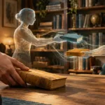 Menschliche Hand mit Buch und digitale Stellvertreter an einem Tisch.