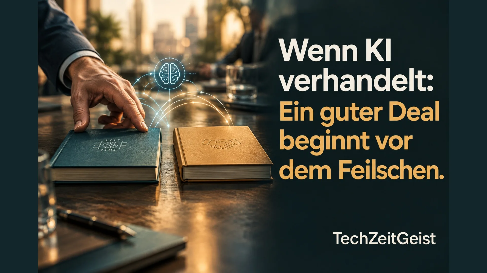Hand zwischen zwei Büchern mit vollständiger Artikelüberschrift und TechZeitGeist-Marke.