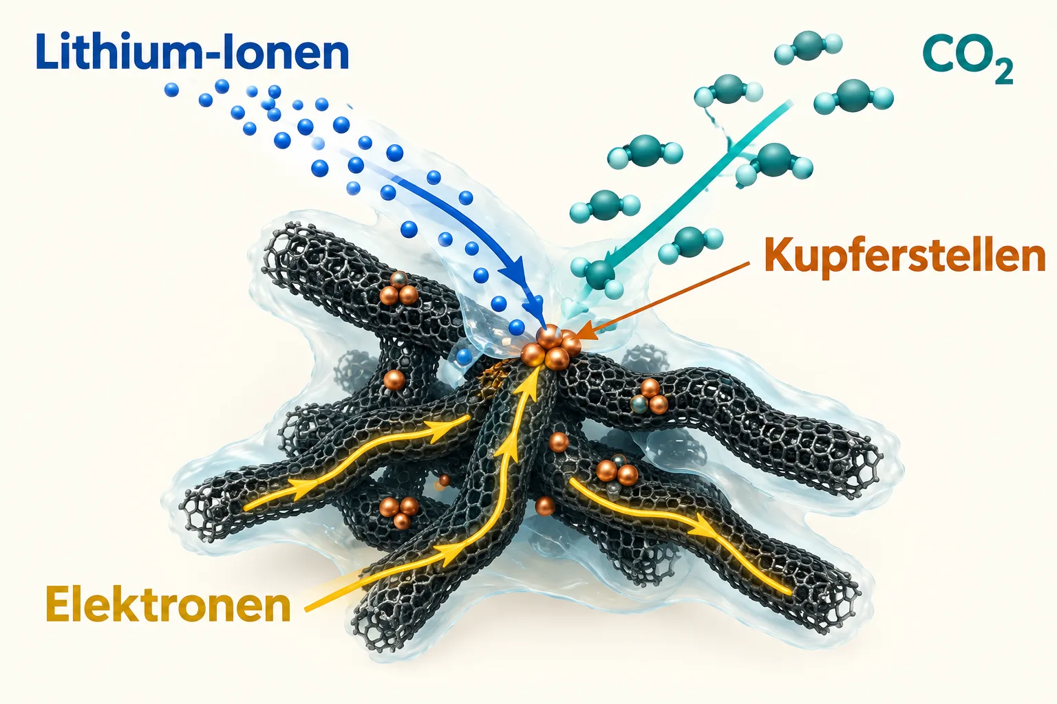 Lithium-Ionen, Elektronen und CO₂ treffen auf Kupferstellen eines Kohlenstoffröhrchen-Gerüsts.