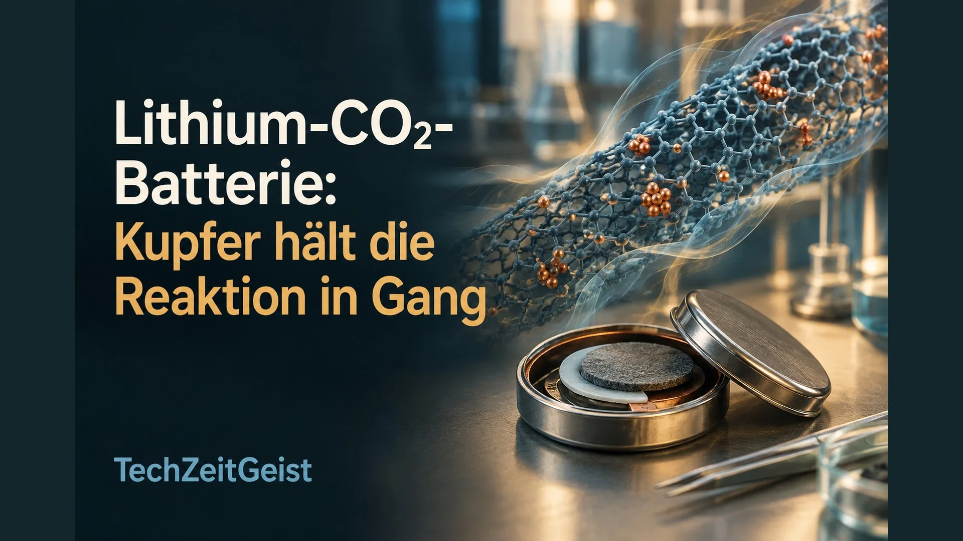 Labor-Knopfzelle und Kohlenstoffröhrchen mit Kupferstellen zur Lithium-CO₂-Batterie.