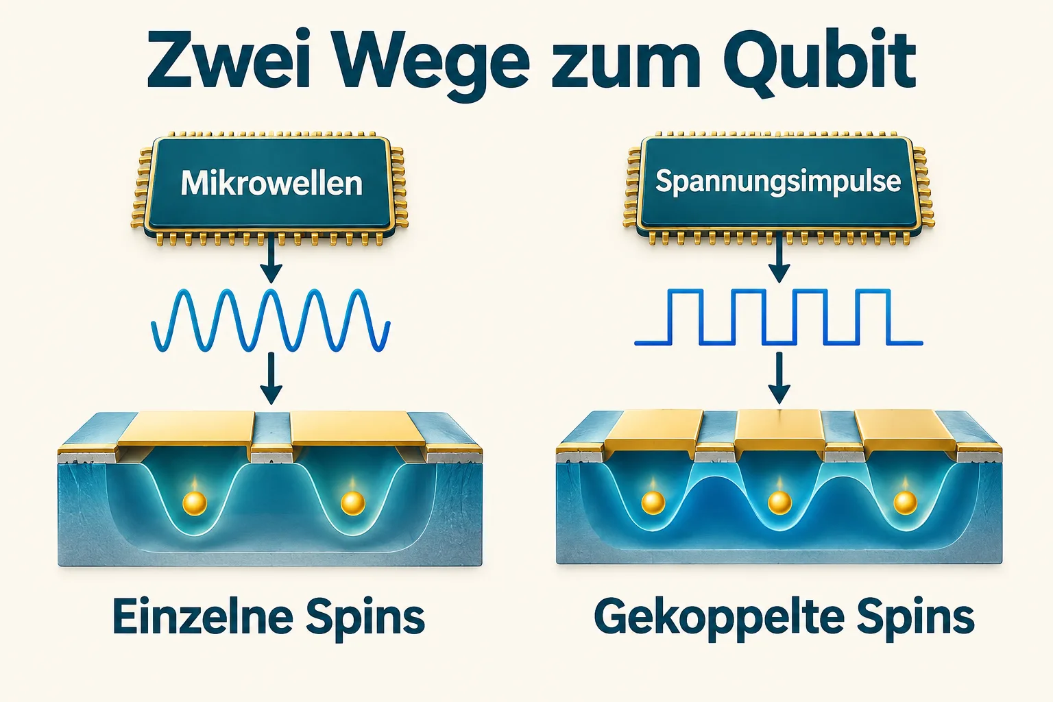 Zwei schematische Signalwege: Mikrowellen für einzelne Spins und Spannungsimpulse für gekoppelte Spins