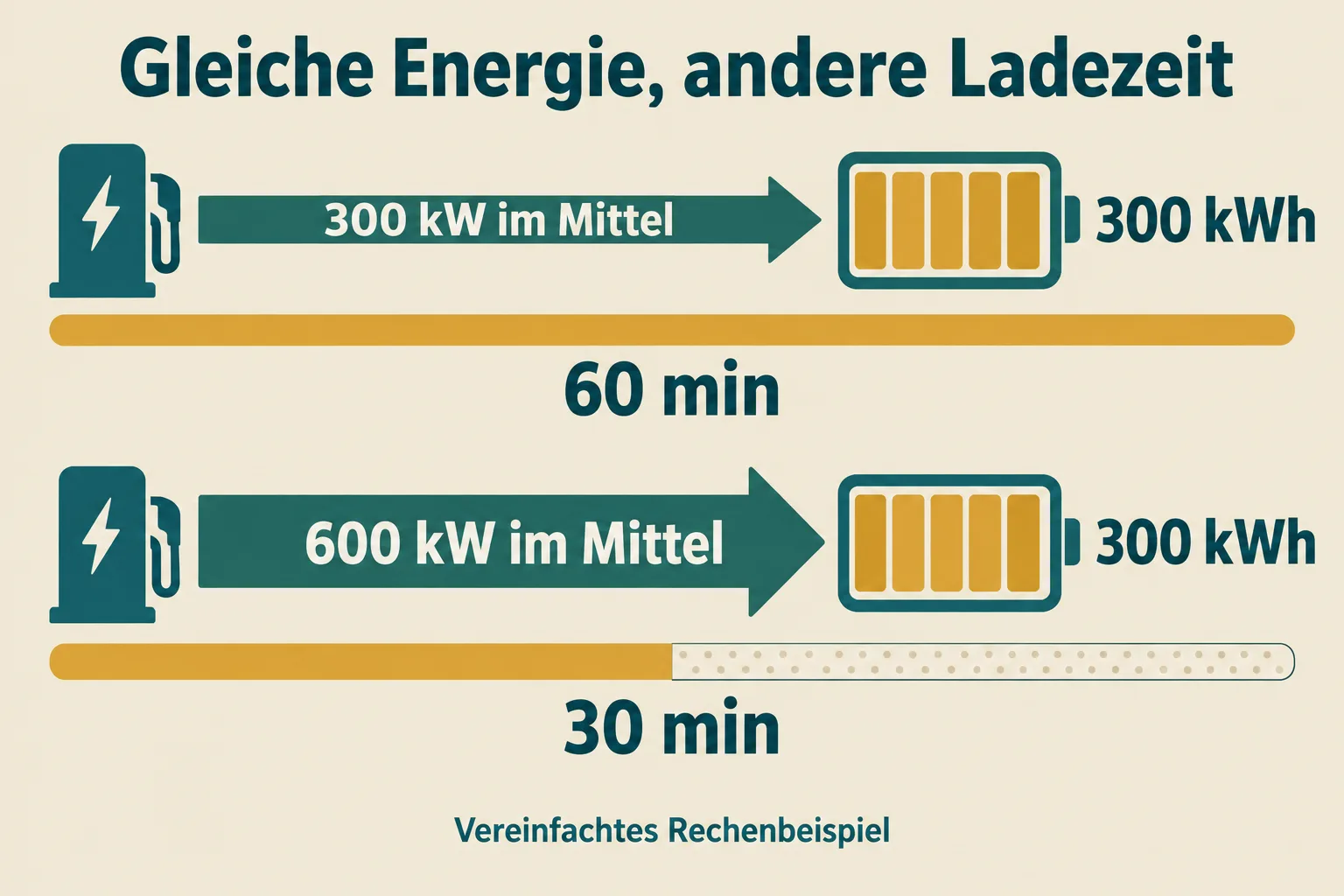 Zwei schematische Ladevorgänge übertragen jeweils 300 Kilowattstunden: bei 300 Kilowatt mittlerer Leistung in 60 Minuten, bei 600 Kilowatt in 30 Minuten.