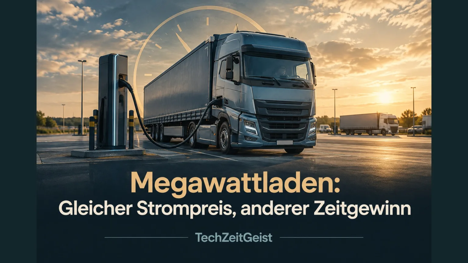 Magazinmotiv eines ladenden E-Lkw mit der Überschrift Megawattladen: Gleicher Strompreis, anderer Zeitgewinn.