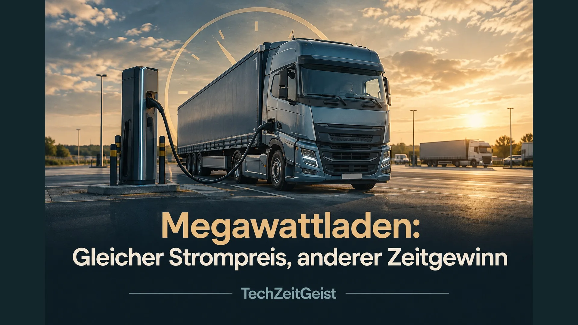 Magazinmotiv eines ladenden E-Lkw mit der Überschrift Megawattladen: Gleicher Strompreis, anderer Zeitgewinn.