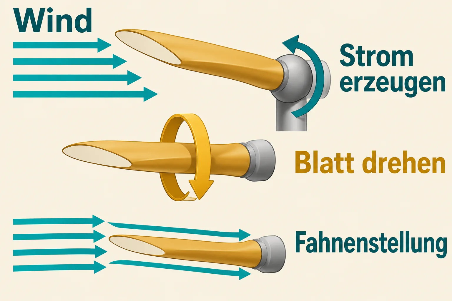Schema eines Rotorblattprofils: Durch Drehen um die Längsachse gelangt das Blatt aus der Stromerzeugungsstellung in Fahnenstellung.