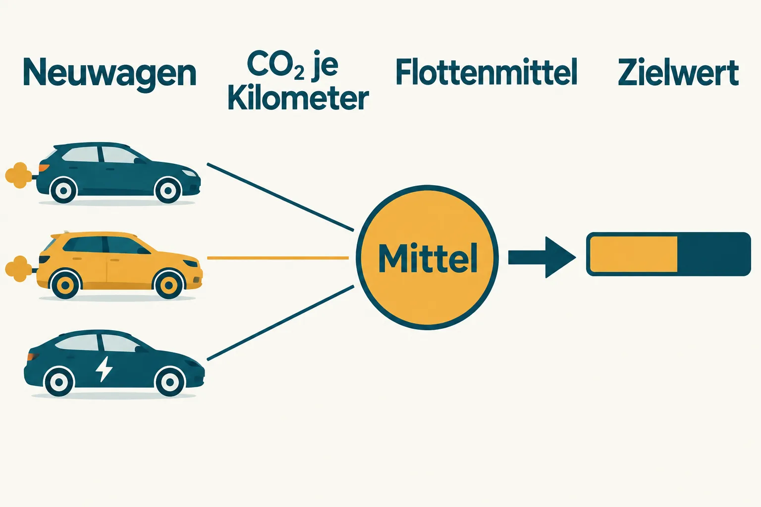 Schema: CO₂-Werte einzelner Neuwagen gehen in einen Flottenmittelwert ein, der mit dem Zielwert verglichen wird.