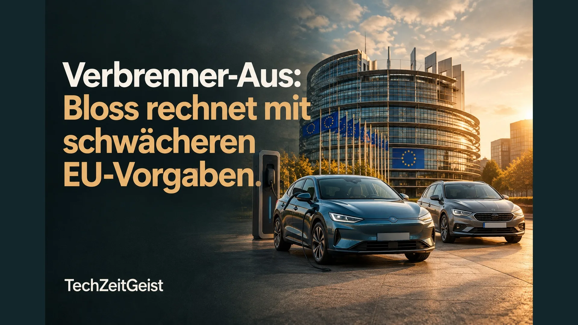 Magazinmotiv mit Elektroauto, weiterem Pkw, Parlamentsarchitektur und vollständiger Artikelüberschrift.