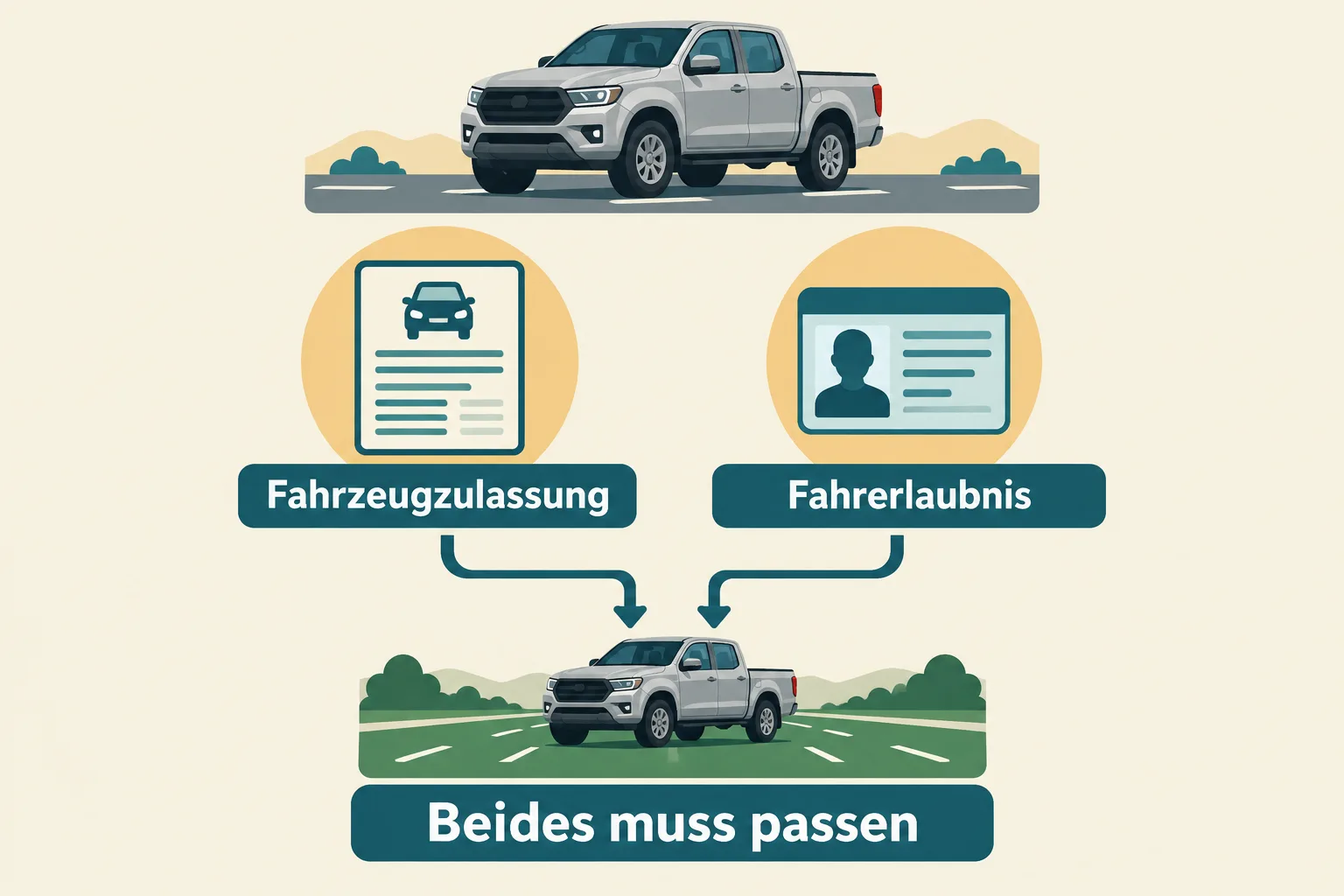 Zwei getrennte Prüfwege für Fahrzeugzulassung und Fahrerlaubnis führen zur gemeinsamen Teilnahme am Straßenverkehr.