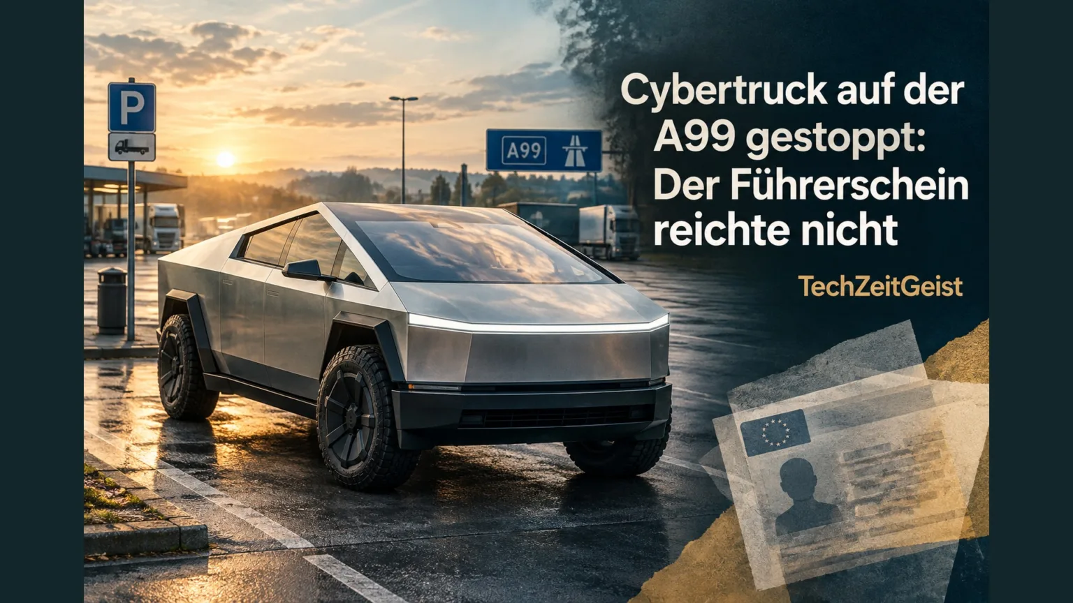 Elektro-Pickup mit der Überschrift Cybertruck auf der A99 gestoppt: Der Führerschein reichte nicht und TechZeitGeist.