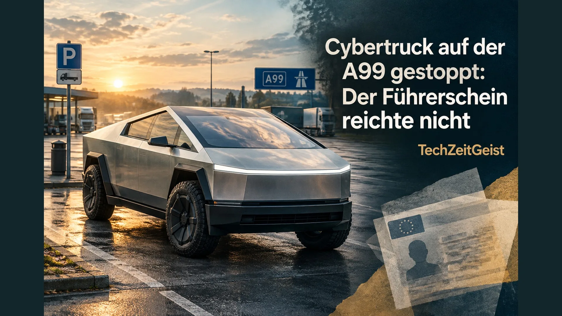 Elektro-Pickup mit der Überschrift Cybertruck auf der A99 gestoppt: Der Führerschein reichte nicht und TechZeitGeist.