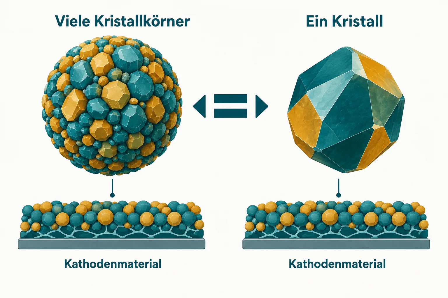 Schematischer Vergleich eines Partikels aus mehreren Kristallkörnern und eines einzelnen Kristallpartikels in einer Batterieelektrode.