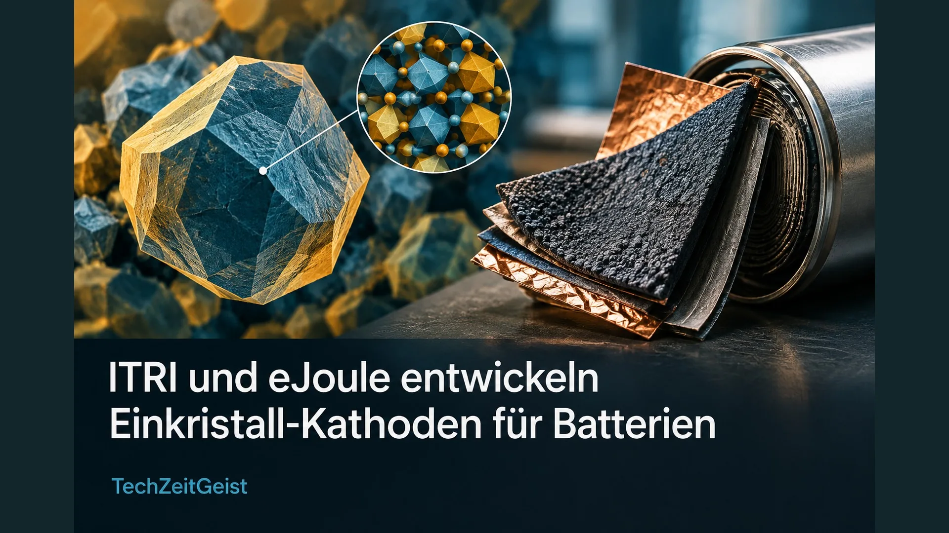 Illustration eines Kristallpartikels und einer Batterie mit Artikelüberschrift.