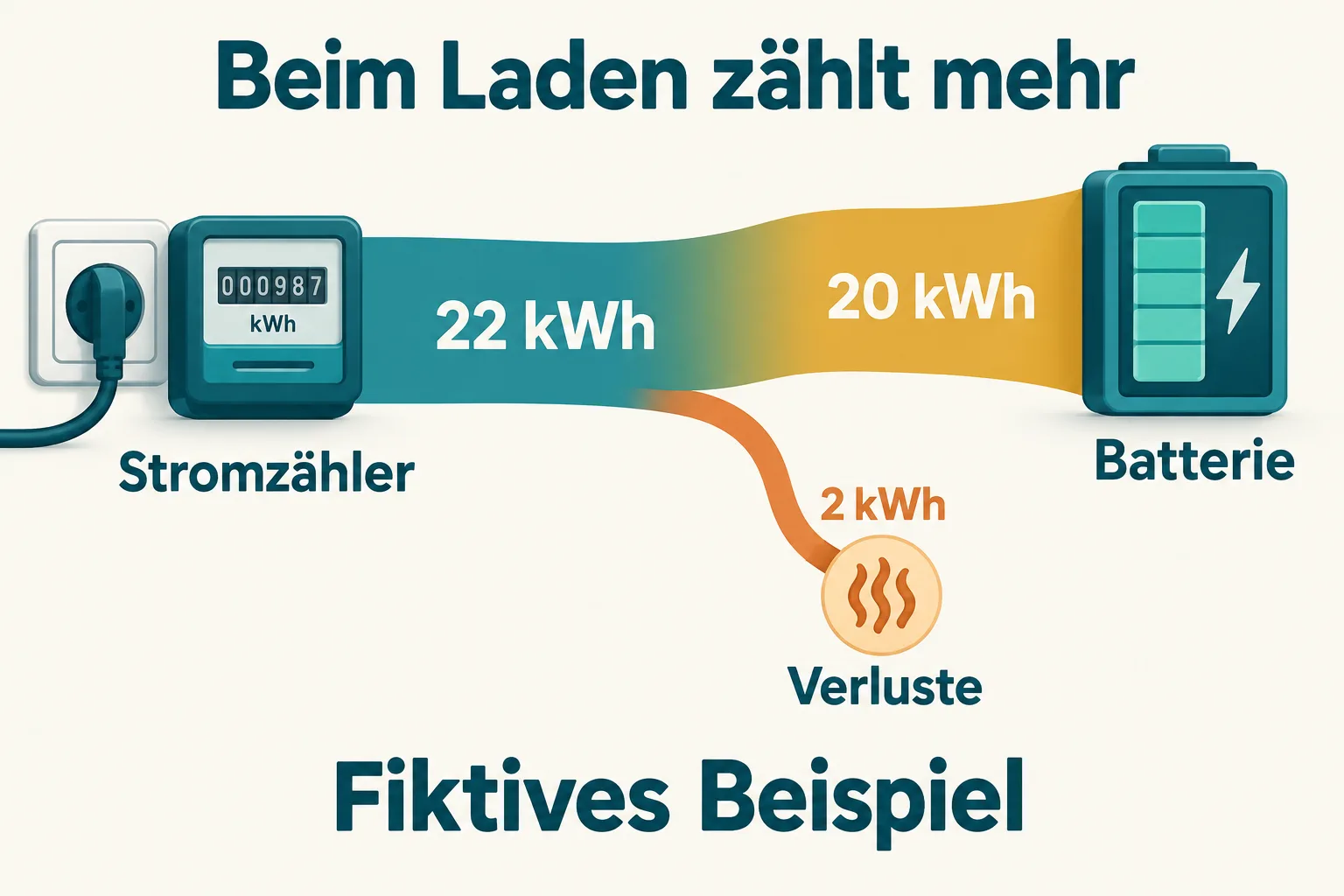 Schematischer Energiefluss: Von 22 Kilowattstunden am Stromzähler erreichen 20 die Batterie, zwei entfallen auf Verluste.