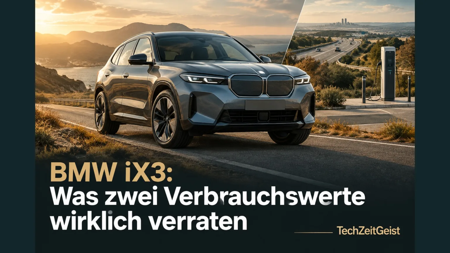 Illustration eines elektrischen SUV zwischen Landstraße, Autobahn und Ladepunkt.