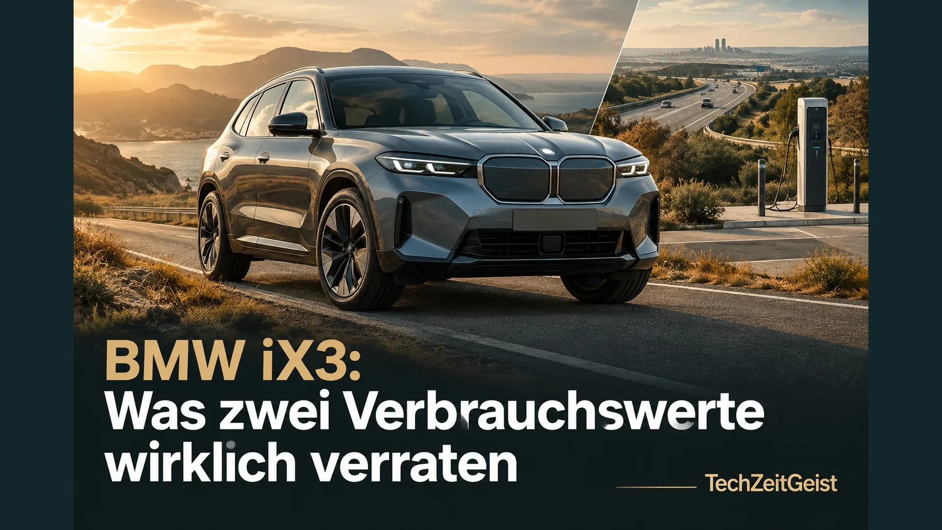 Illustration eines elektrischen SUV zwischen Landstraße, Autobahn und Ladepunkt.