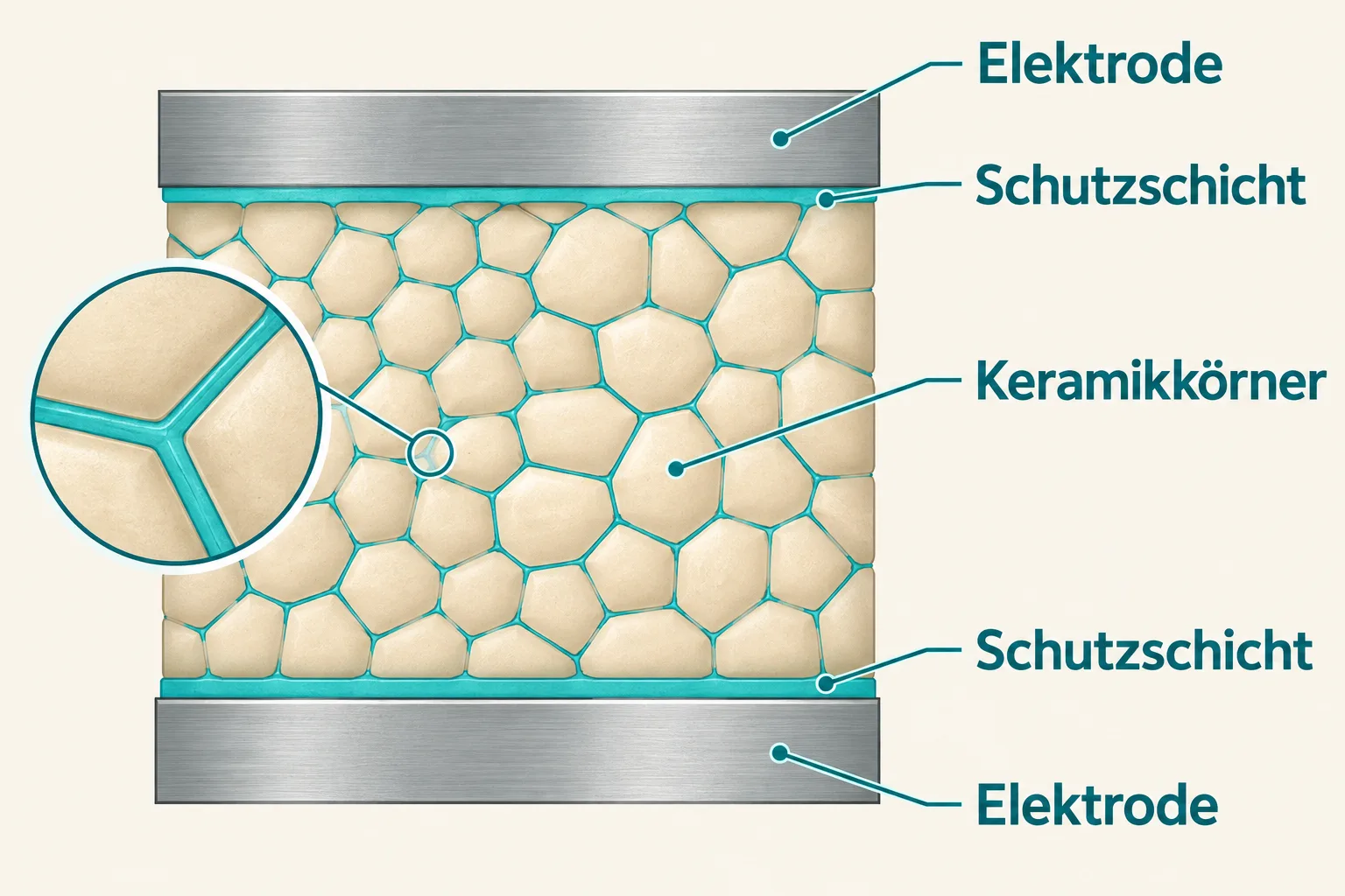 Schematischer Keramikquerschnitt zwischen Elektroden mit Schutzschichten um die Körner und an den Elektroden