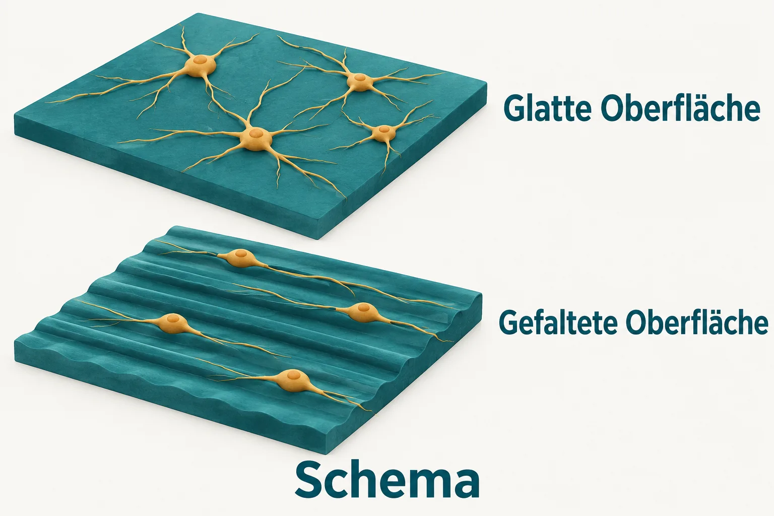 Schema: Auf glattem Untergrund verlaufen Zellfortsätze in mehrere Richtungen, auf parallelen Falten überwiegend längs der Struktur.
