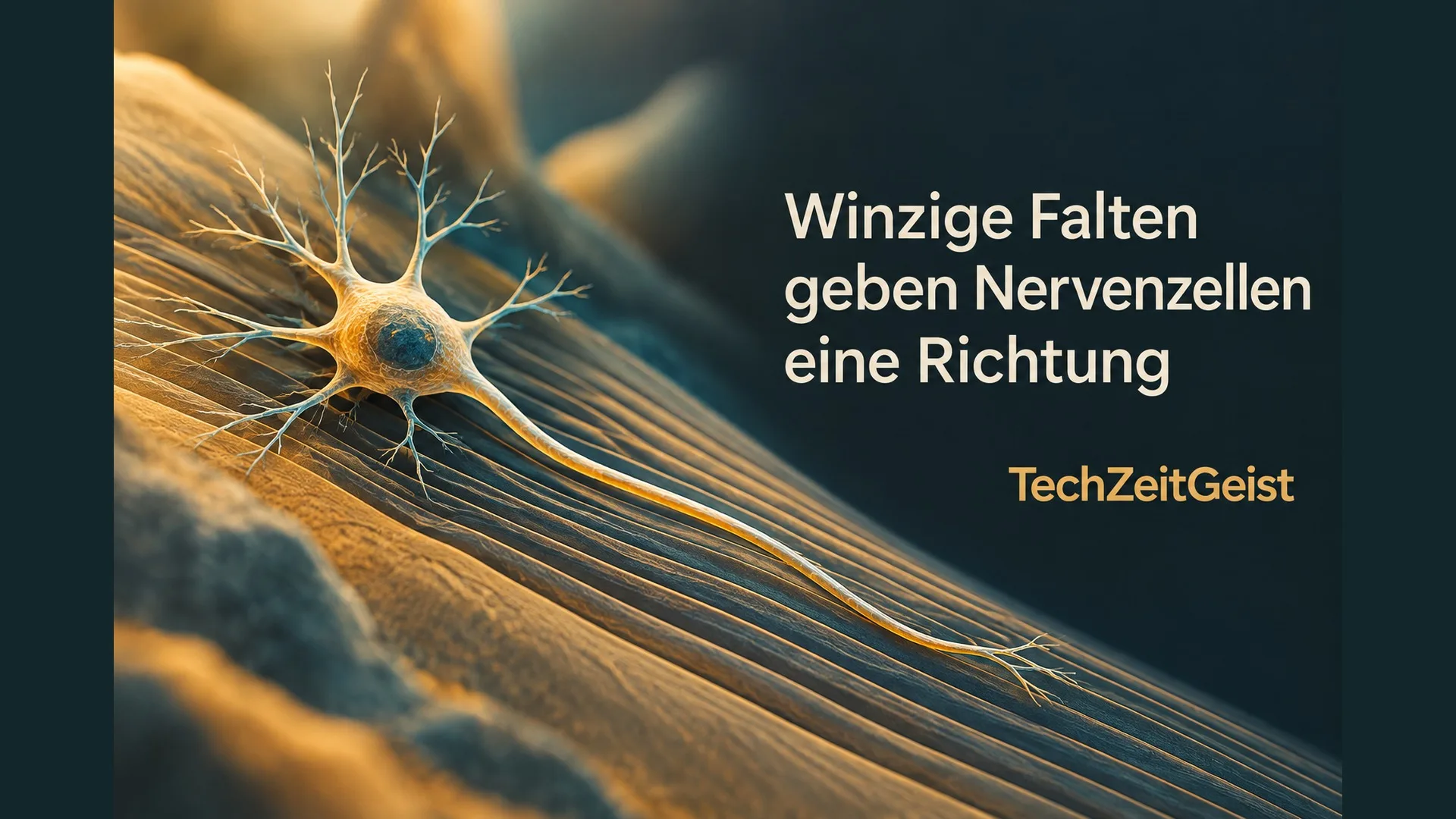 Zelle auf einer gefalteten Oberfläche mit der Überschrift Winzige Falten geben Nervenzellen eine Richtung.