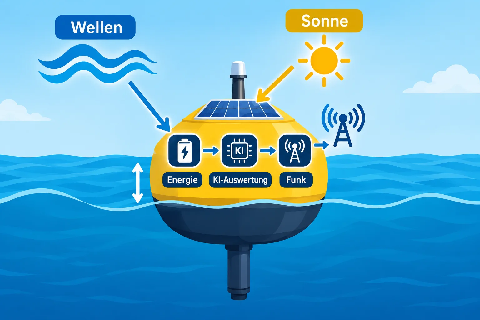 Schematische Boje mit Energie aus Wellen und Sonne, lokaler KI-Auswertung und Funkverbindung.