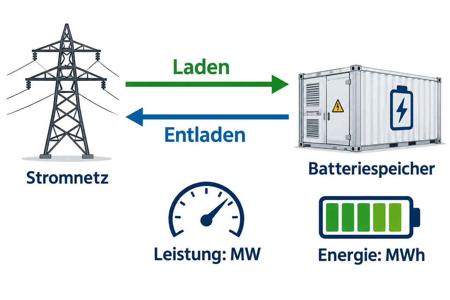 Ein Batteriespeicher lädt aus dem Stromnetz und gibt Energie dorthin zurück; Energie und Leistung werden getrennt dargestellt.