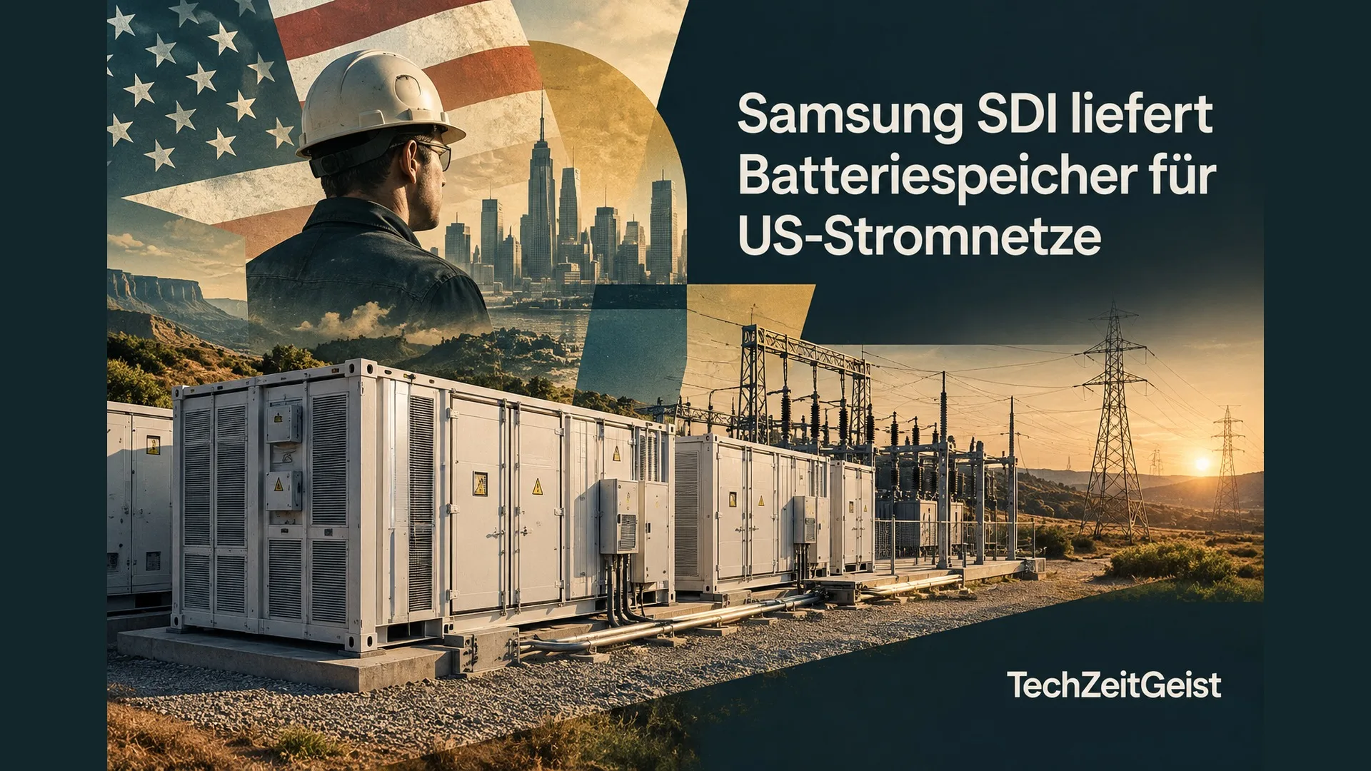 Illustration von Batteriespeichercontainern und Stromnetz mit Artikelüberschrift.