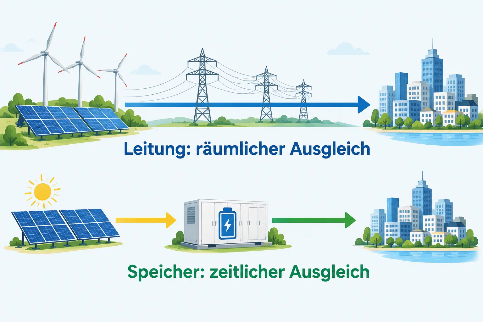 Schematischer Vergleich: Eine Leitung verbindet Erzeuger mit einer Stadt, eine Batterie speichert Solarstrom für später.