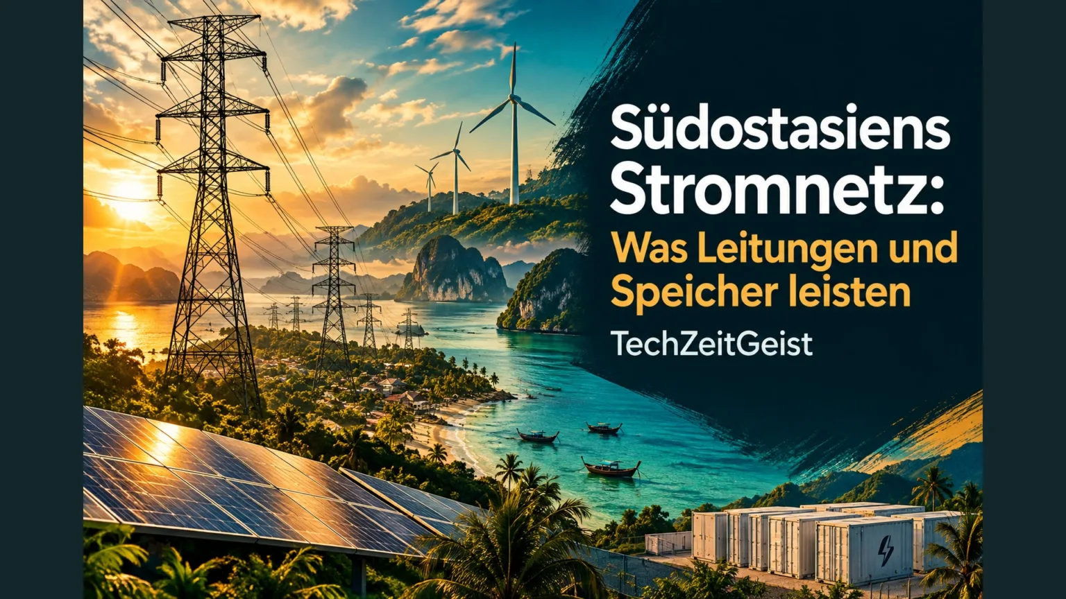 Illustration von Stromleitung, Wind und Sonne mit Artikelüberschrift.
