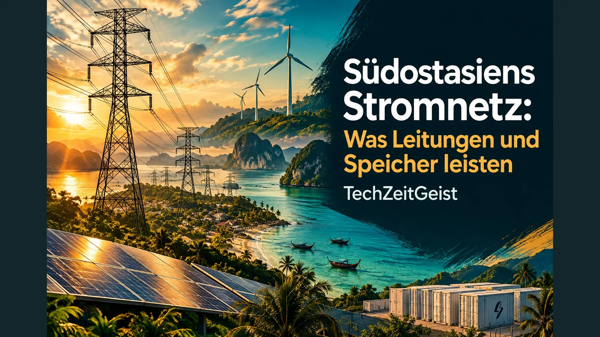 Illustration von Stromleitung, Wind und Sonne mit Artikelüberschrift.