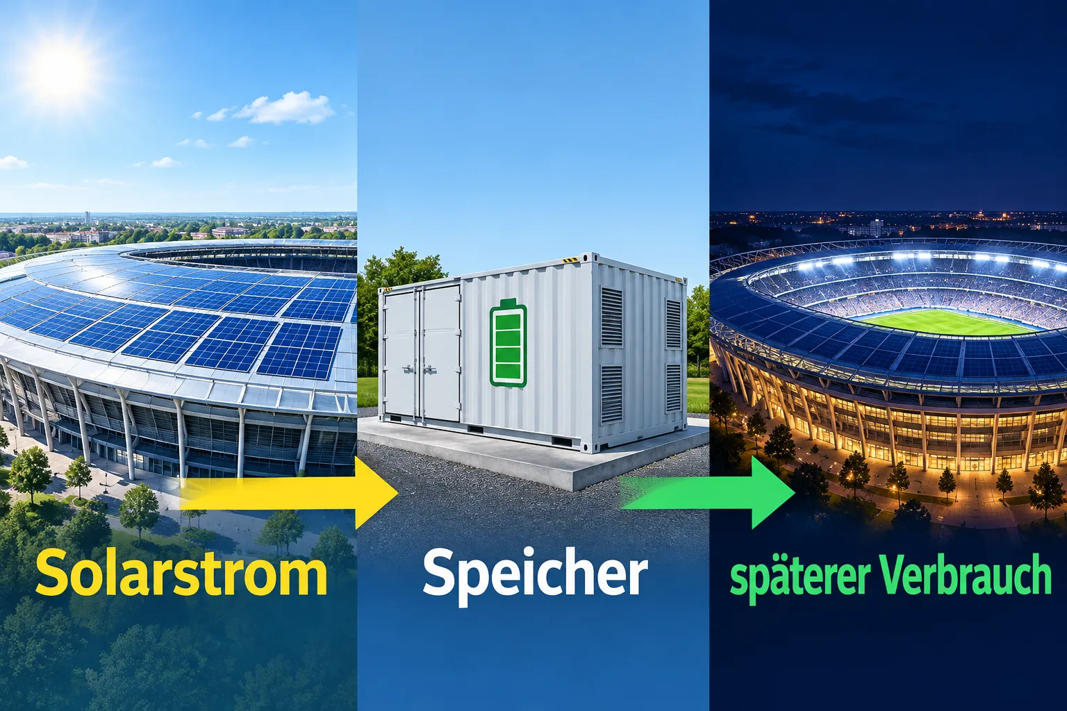 Schematischer Weg von Solarstrom über den Batteriespeicher zum späteren Stadionverbrauch
