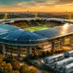 Illustration eines Stadions mit Solardach und Batteriespeichern