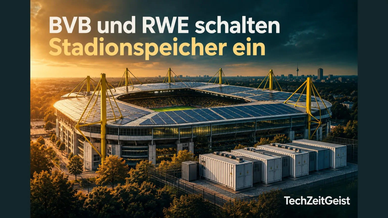 Illustration eines Stadions mit Solardach und Artikelüberschrift