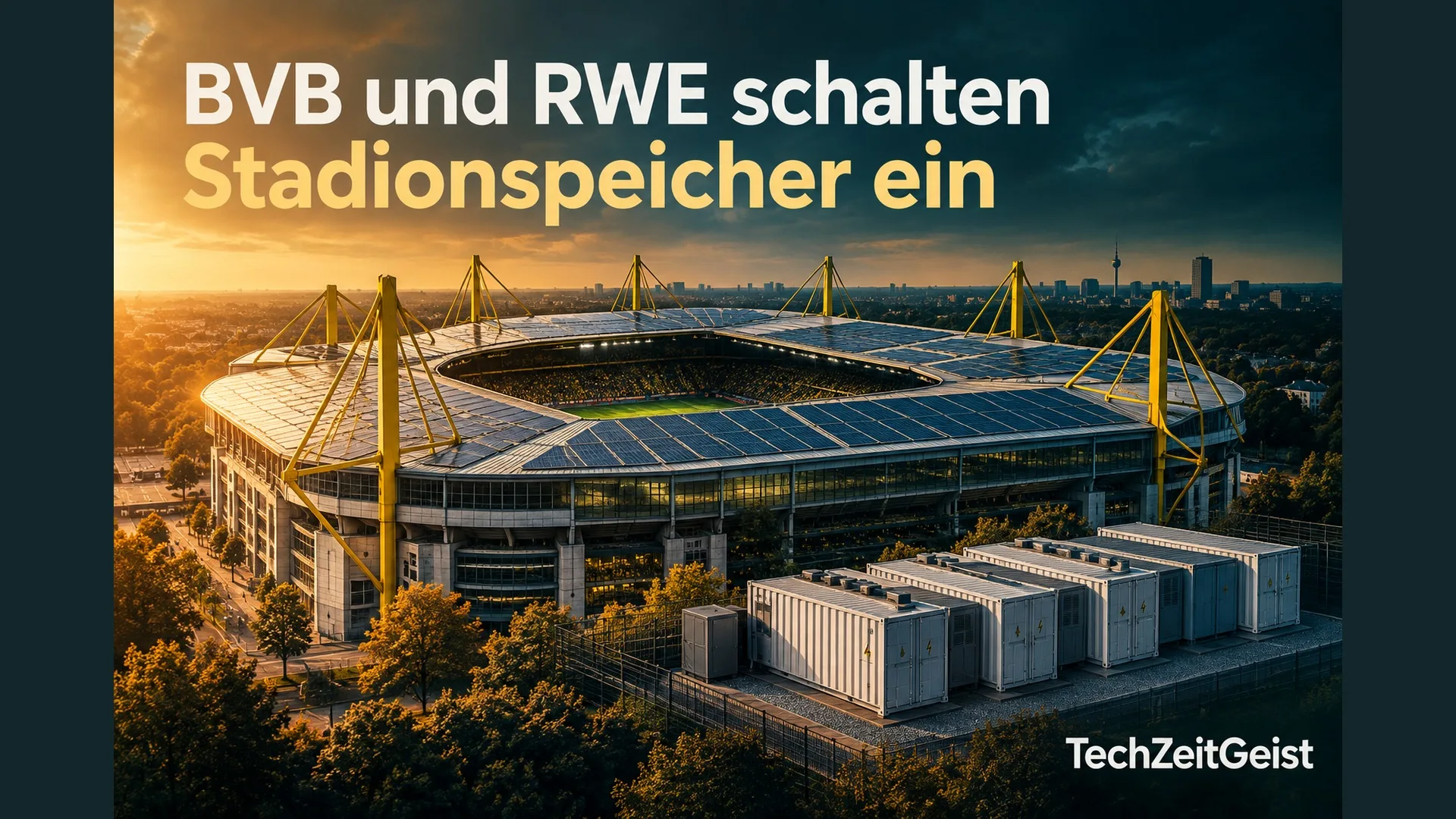 Illustration eines Stadions mit Solardach und Artikelüberschrift