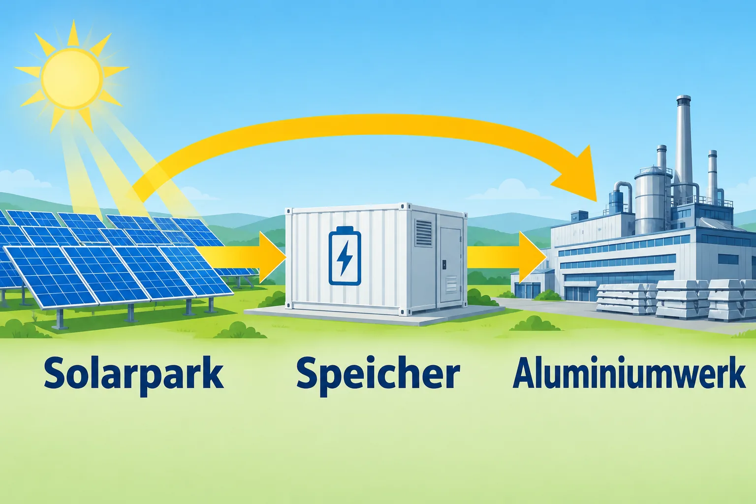 Schematische Verbindung von Solarpark, Batteriespeicher und Aluminiumwerk