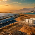 Symbolische Illustration von Solarpark, Batteriespeicher und Industrieanlage