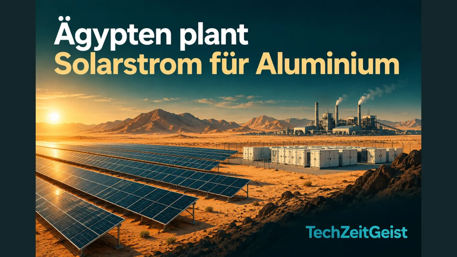 Illustration von Solarpark und Industrieanlage mit Artikelüberschrift