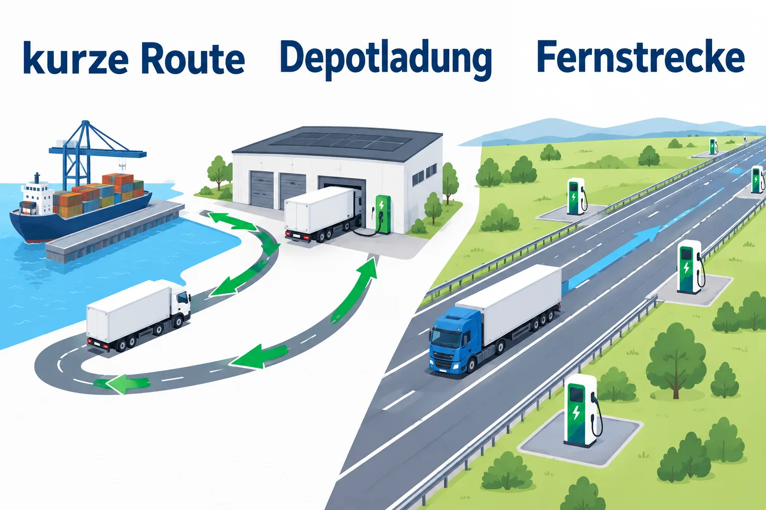 Schematischer Vergleich einer kurzen Route mit Depotladung und einer längeren Fernstrecke mit Ladepunkten