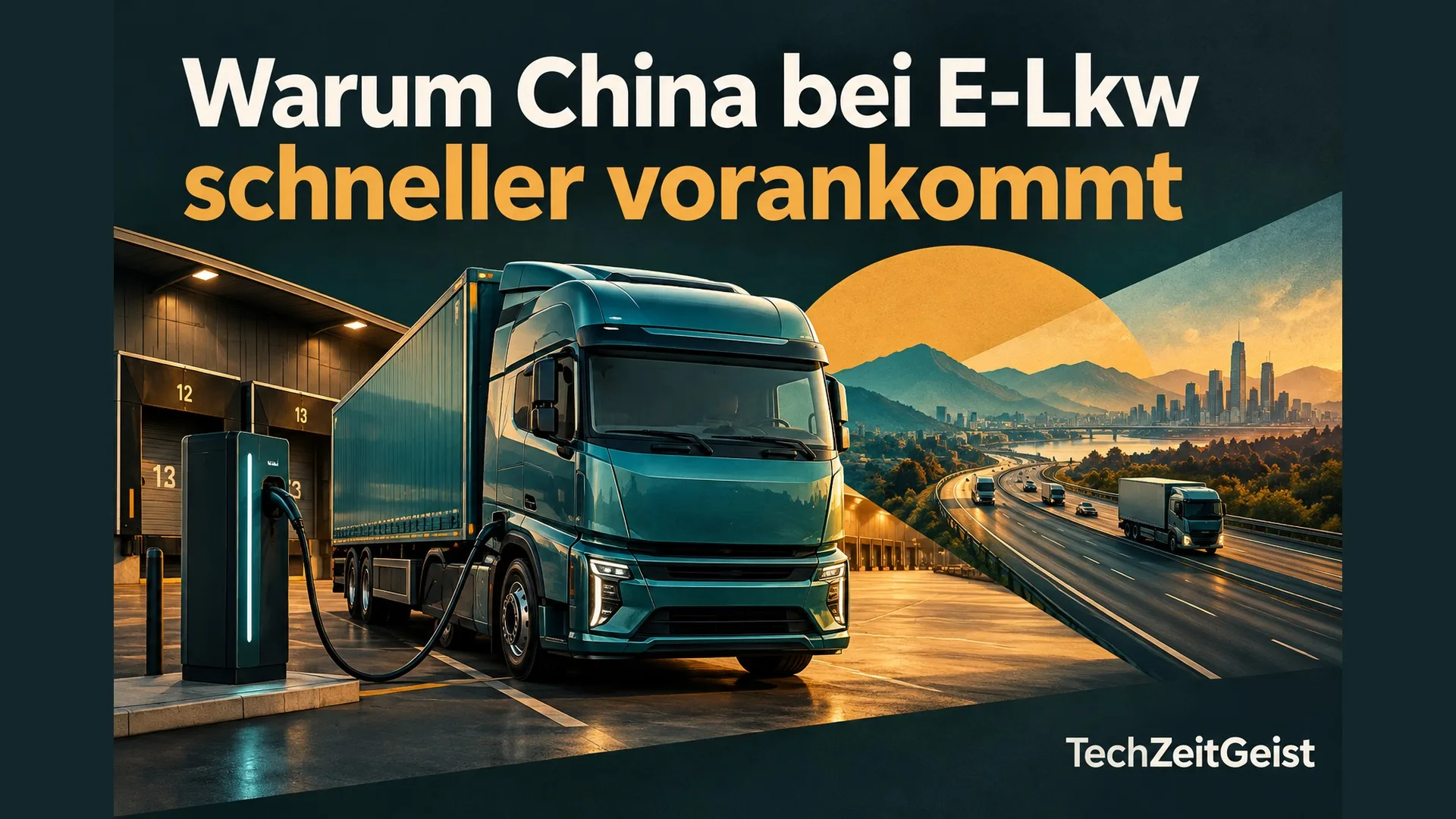 Illustration eines elektrischen Lastwagens mit Artikelüberschrift