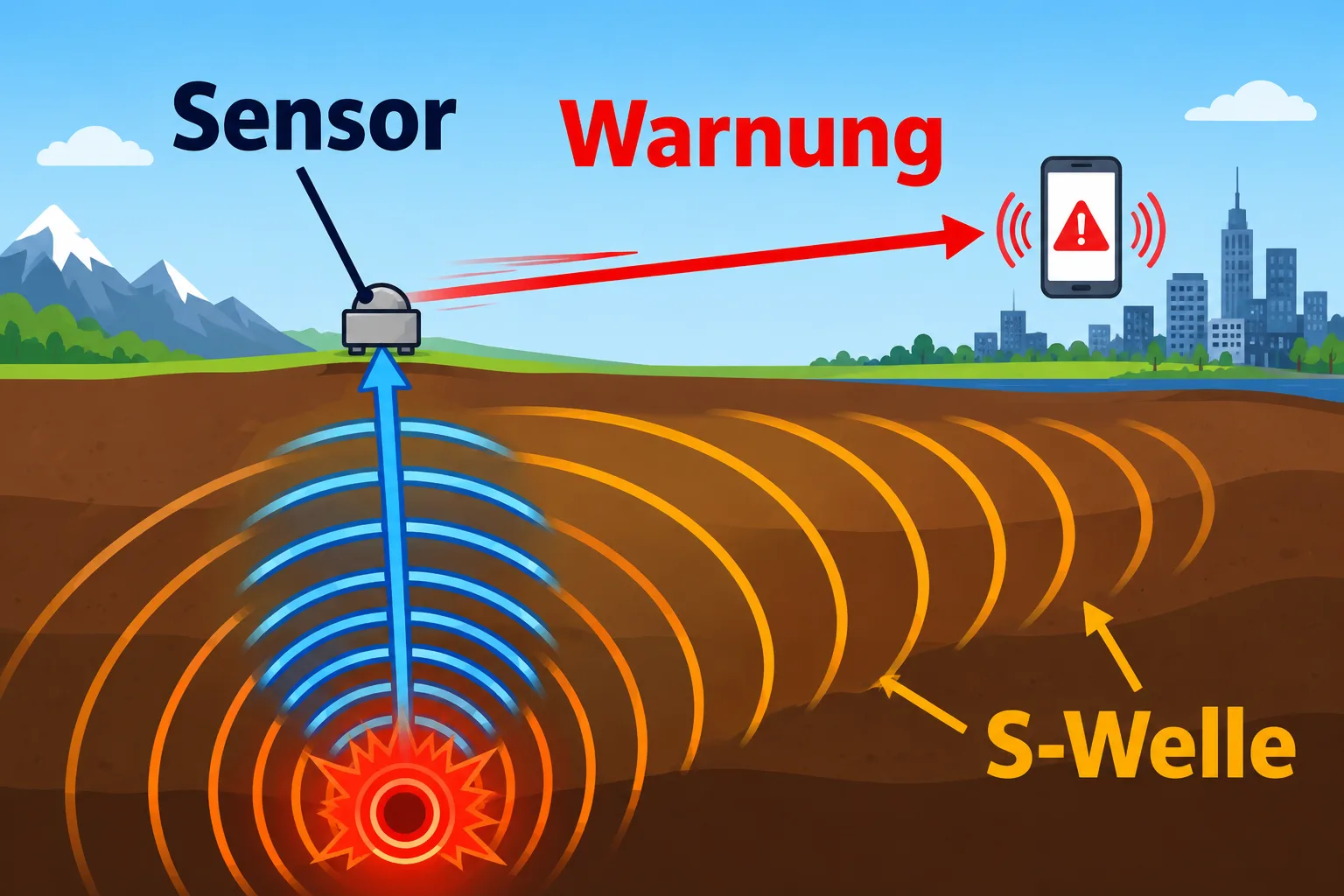 Schematischer Ablauf vom Erdbeben über Sensoren und Warnung bis zur später eintreffenden stärkeren Erschütterung