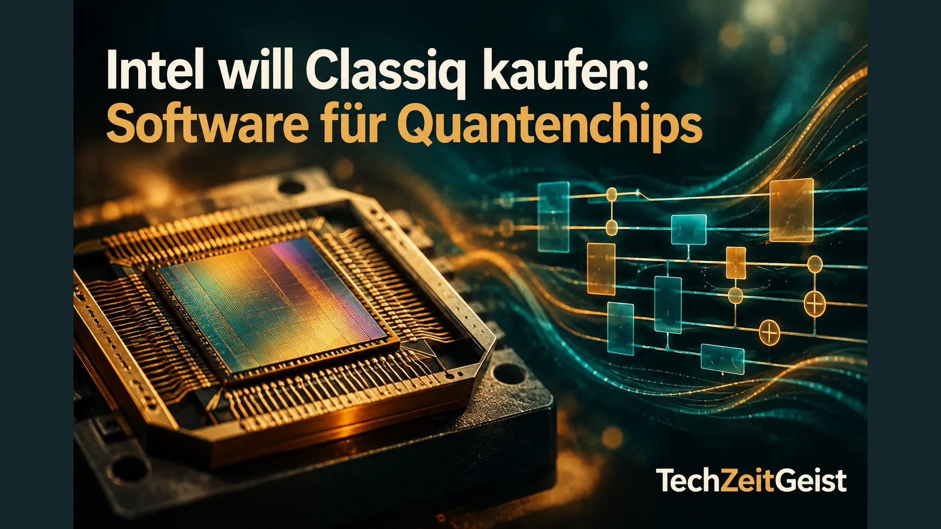 Illustration eines Quantenchips mit Artikelüberschrift
