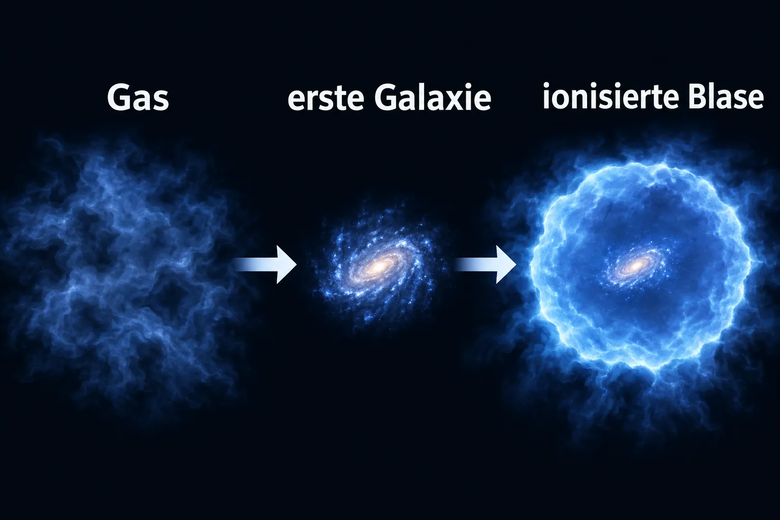Schematischer Ablauf vom Gas über eine junge Galaxie zu einer ionisierten Blase