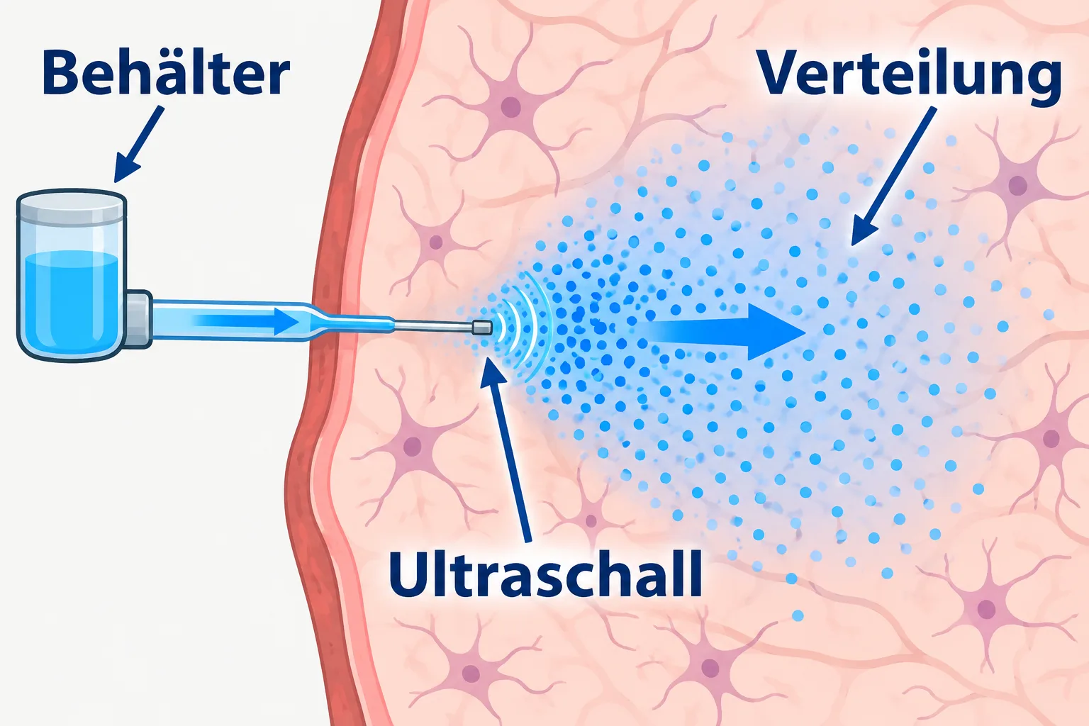 Schematisches Implantat mit Flüssigkeitsbehälter, Kanüle und Ultraschall an der Spitze