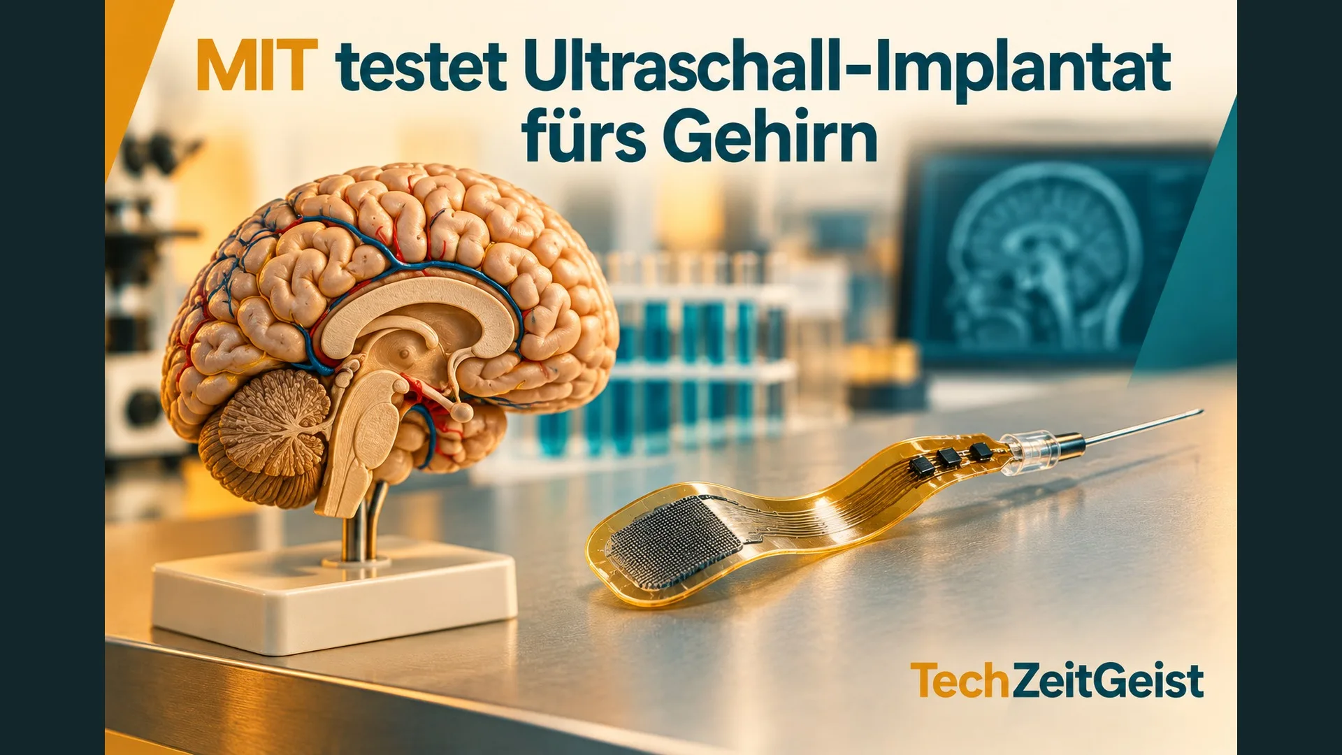 Illustration eines Implantats und Gehirnmodells mit Artikelüberschrift