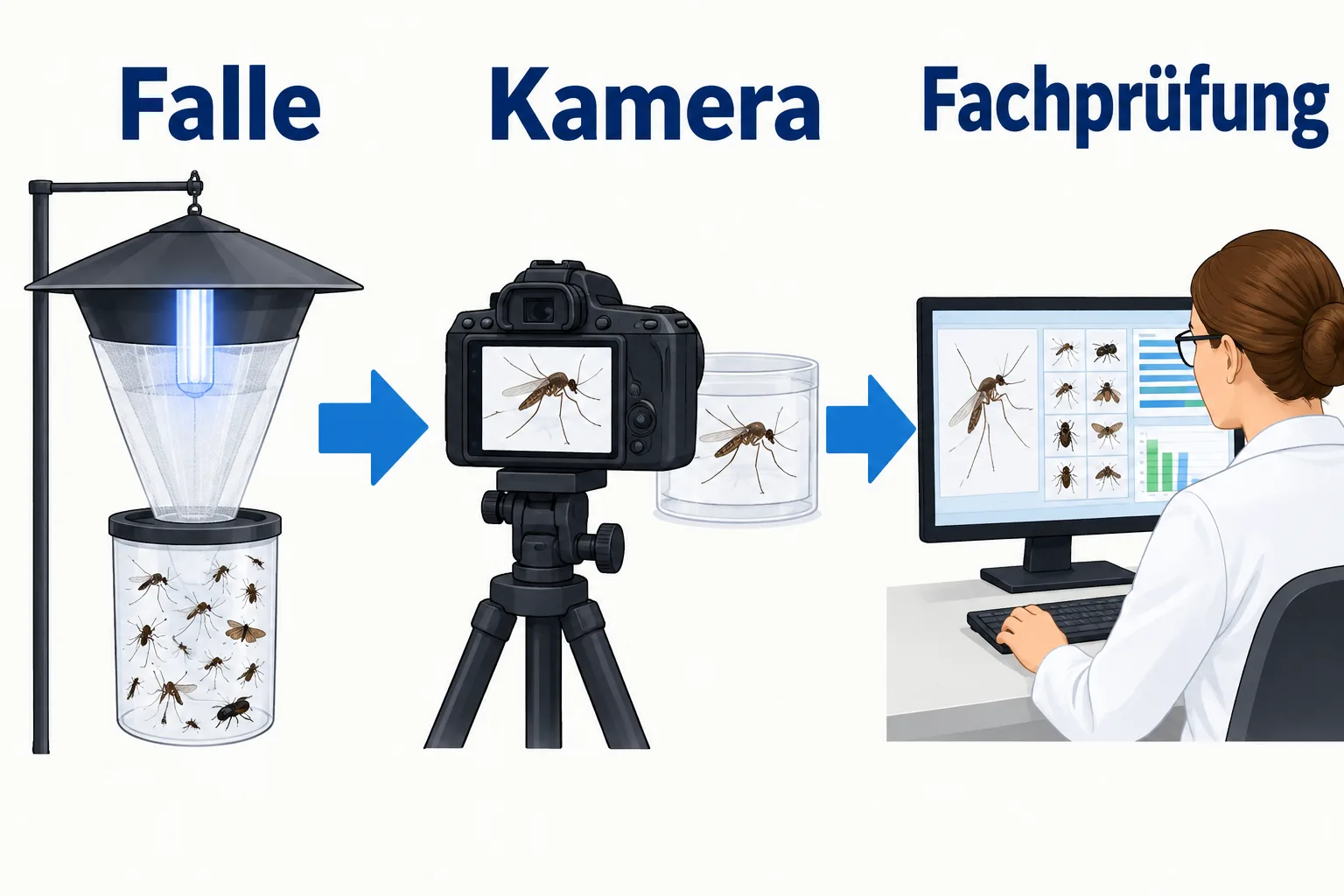 Schematischer Ablauf von Mückenfalle über Kamera und Auswertung zur Prüfung durch Fachleute